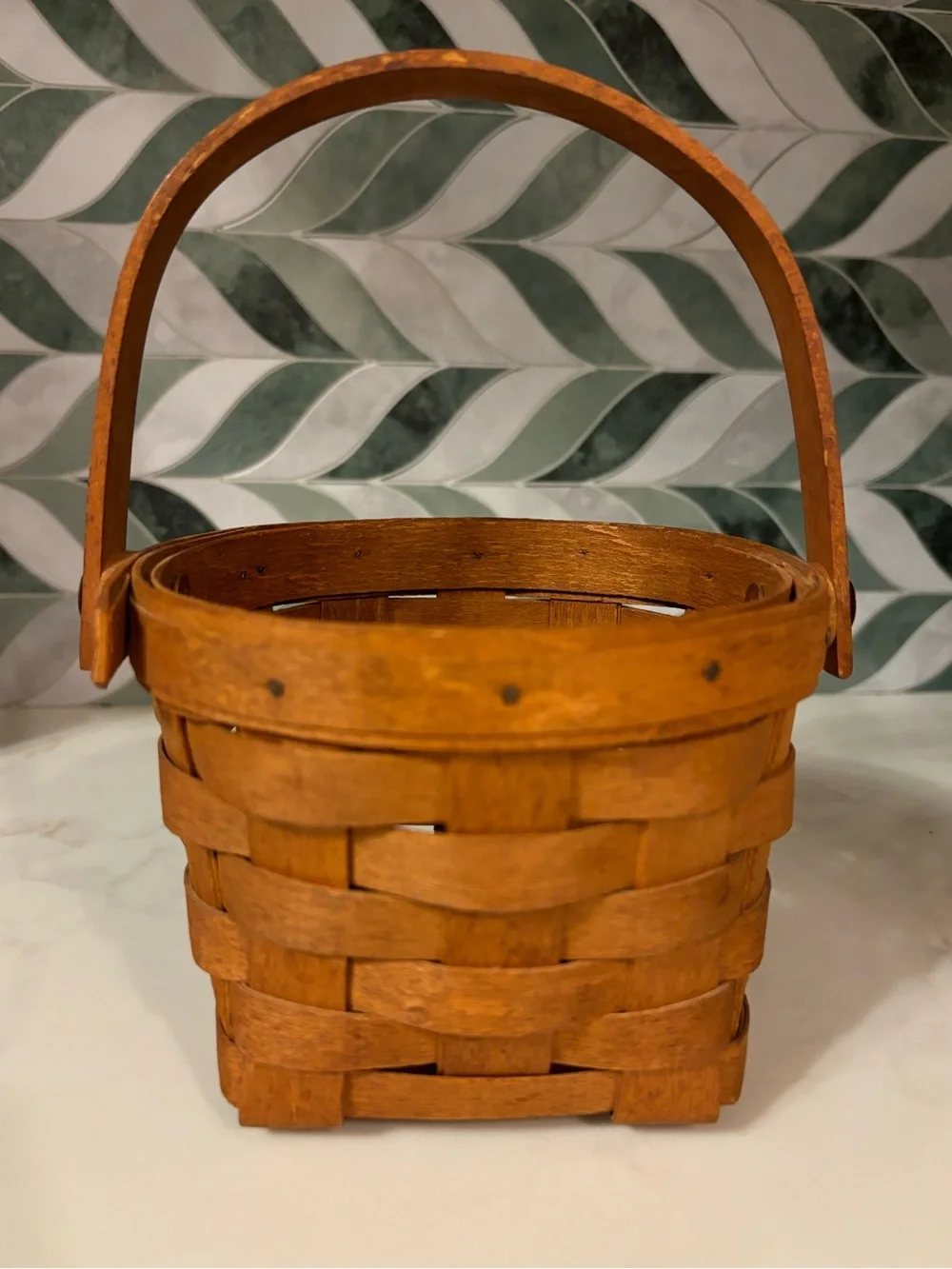 Small Longaberger Woven Wood Basket with Handle, c. 1989